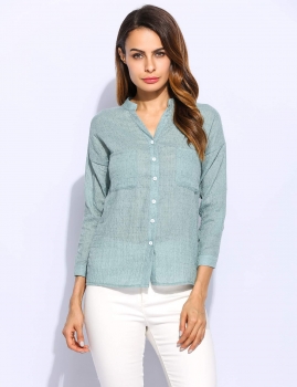 

Fashion Women Long Sleeve Stand Collar Solid Pockets Buttons Slim Irregular Hem Shirt, Multicolor