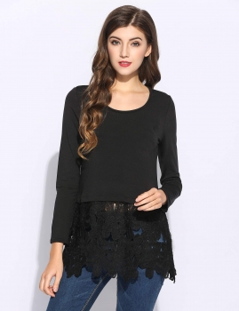 

Black O-Neck Long Sleeve Lace Patchwork Hem Solid Pullover T-Shirt, Multicolor