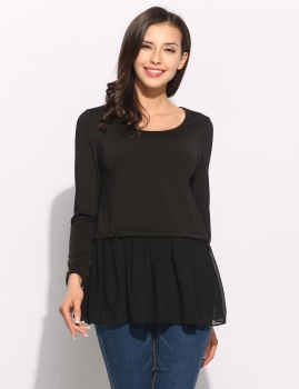 

Black Patchwork Ruffle Hem Long Sleeve O-Neck Solid Chiffon Blouse, Multicolor