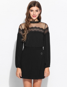 

Lace See-Through Patchwork Long Sleeve Pullover Back Button Chiffon Blouse, Multicolor