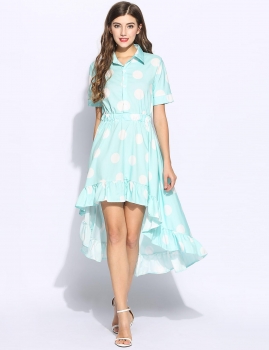 

Light blue Women Short Sleeve Turn-down Collar Asymmetrical Hem Dot Casual Dress, Multicolor