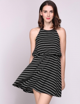 

Black Sleeveless Stripes Back Lacing Neck Casual Dress, Multicolor