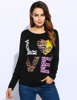 

Black Love Letter Printed Long Sleeve Round Neck Pullover T-Shirt, Multicolor