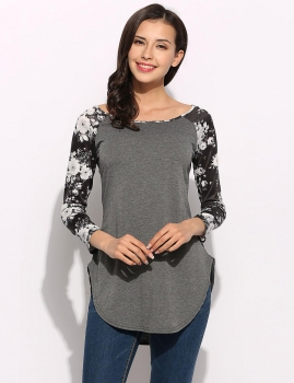 

Dark gray Flower Printed Long Sleeve Patchwork O-Neck Pullover, Multicolor