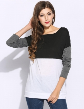 

Patchwork Contrast Color Sleeve Loose O-Neck Pullover T-Shirt, Multicolor