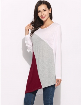 

Irregular Hem Stripe Patchwork O-Neck Long Sleeve Slim T-Shirt, Multicolor