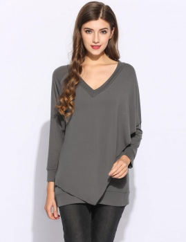 

Dark gray Irregular Hem Solid V-Neck Long Sleeve Pullover Top, Multicolor