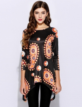

Paisley Printed Irregular Hem 3"4 Sleeve Crew Neck Pullover T-Shirt, Multicolor