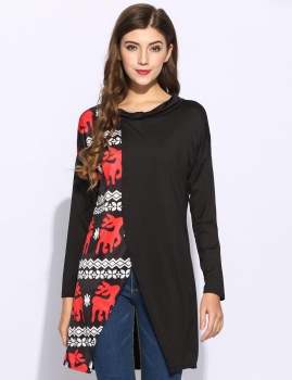 

Black Irregular Hem Turtle Neck Red Deer Patchwork Long Sleeve Top, Multicolor