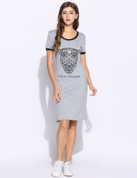 

Gray Women Tiger Print Short Sleeve O Neck Casual Styles Patchwork T-Shirt Dress, Multicolor