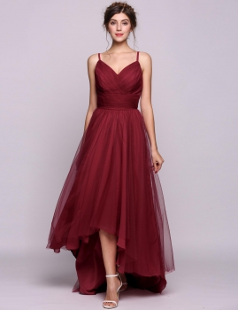 

Women A-Line"Princess V-neck Asymmetrical Tulle Bridesmaid Dress With Ruffle, Multicolor