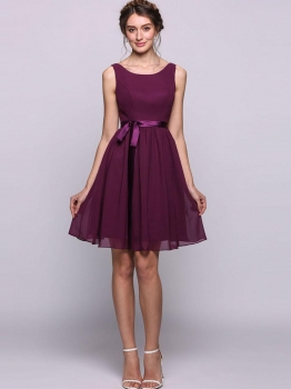

Women A-Line Scoop Neck Knee-length Chiffon Bridesmaid Dress With Charmeuse Sash, Multicolor