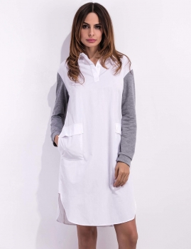 

White Turn Down Collar Patchwork Pullover Shirt Casual Dress, Multicolor