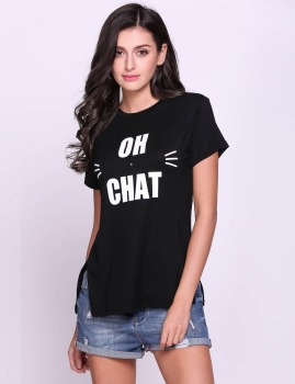 

Black Side Slit Letter Printed Short Sleeve Crew Neck Pullover T-Shirt, Multicolor