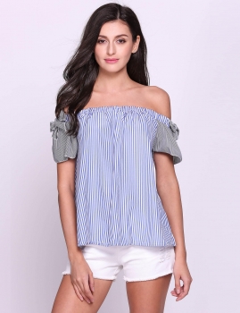 

Blue Striped Slash Neck Short Sleeve Off the Shoulder Pullover Fit Top, Multicolor