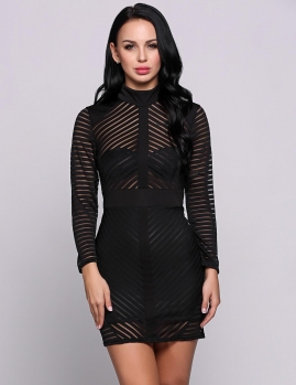 

Black Stand Neck 3"4 Sleeve Solid Back Zipper Striped Slim Pencil Mini Dress, Multicolor