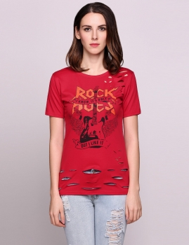 

Red Punk Style Guitar Pattern Letter Printed Hollow Out Short Sleeve T-Shirt, Multicolor