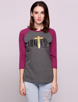 

Gray United Letter Printed 3"4 Sleeve Crew Neck Patchwork Pullover, Multicolor