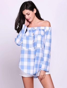 

Skyblue Cotton Off the Shoulder Slash Neck Plaid Long Sleeve Basic Pullover Blouse, Multicolor