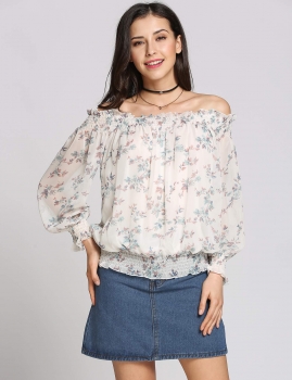 

Floral Print Off the Shoulder Slash Neck Long Sleeve Elastic Hem Pullover Top, Multicolor