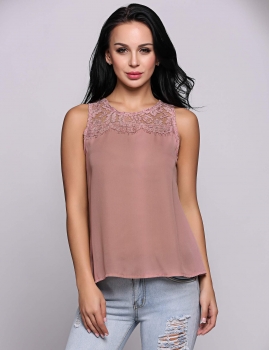 

Pink Hollow Floral Lace V-Neck Sleeveless Tank Tops, Multicolor