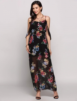 

Black Ruffles Sleeve Spaghetti Strap Floral Print Maxi Dress, Multicolor