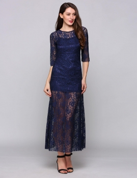 

Backless Lace 3"4 Sleeve Crew Collar A-Line Party With Lining, Multicolor