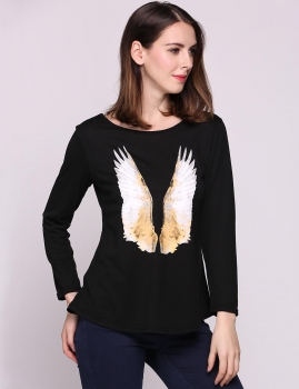 

Black Wings Printed Loose Long Sleeve Crew Neck Tops, Multicolor