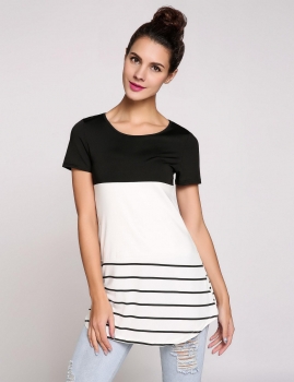 

Black Stripes Back Lace Patchwork Short Sleeve Crew Neck Pullover T-Shirt, Multicolor