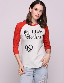 

Valentine Letter Printed Raglan 3"4 Sleeve Patchwork Crew Neck Pullover T-Shirt, Multicolor