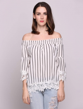 

Lace Trim Stripes Elastic Slash Neck Off the Shoulder 3"4 Sleeve Pullover Chiffon Tops, Multicolor
