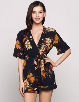 

Sexy Half Sleeves V-Neck Printed Floral Rompers With Belt, Multicolor
