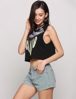 

Colorful Feathers Printed Contrast Color Sleeveless Pullover Crop Top, Multicolor