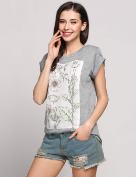 

Gray Flower Printed Patchwork Short Sleeve Crew Neck T-Shirt, Multicolor