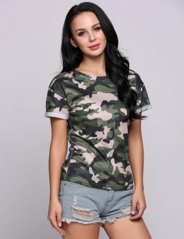 

Army green Camouflage Pullover Elastic O-Neck Short Cuffed Sleeve T-Shirt, Multicolor