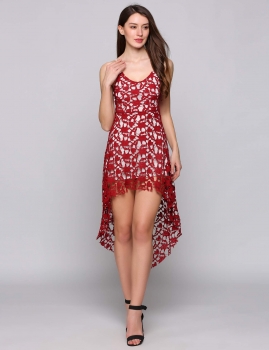 

Wine red Spaghetti Strap Sleeveless Lace Hollow Out Asymmetrical Hem Going Dress With Lining, Multicolor