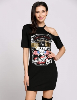 

Short Sleeve Round Collar Cold Shoulder Animal Print T-Shirt Going Out Dress, Multicolor