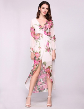 

Flower printing Plunge Neck Puff Sleeve Floral Maxi Split Hem Beach Casual Dress, Multicolor