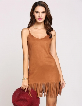 

Brown Spaghetti Strap Sleeveless Fringes Hem Solid Bodycon Going Out Dress, Multicolor