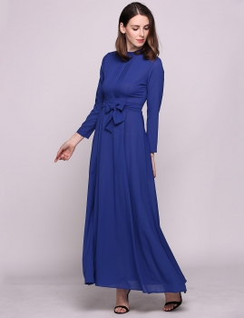 

Long Sleeve Round Collar Vintage Styles Solid Belted Casual Dress, Multicolor