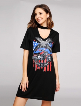 

Black Choker Neck Short Sleeve Print T-Shirt Dress, Multicolor