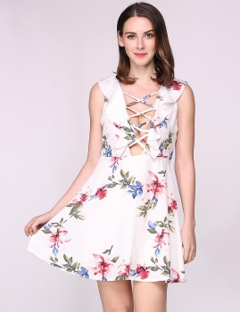 

Sleeveless Ruffles V Neck Lace Up Floral Skater Going Out Dress, Multicolor