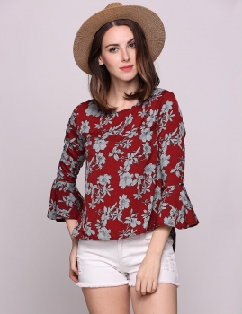 

Floral Printed Butterfly Sleeve Crew Neck Loose Pullover Blouse, Multicolor