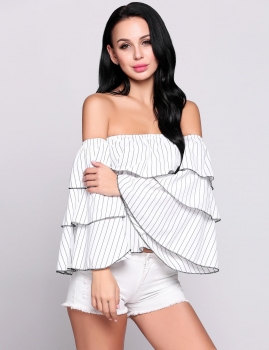 

Off the Shoulder Stripes Ruffles Slash Neck Long Butterfly Sleeve Pullover Top, Multicolor