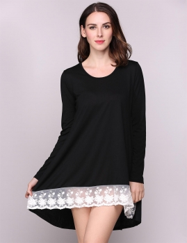 

Long Sleeve O Neck Lace Patchwork Asymmetrical Hem Shift Casual Dress, Multicolor
