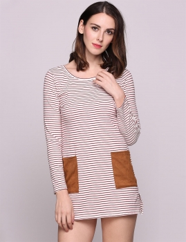 

Long Sleeve Stripes Round Collar Pockets Size Loose Casual Dress, Multicolor