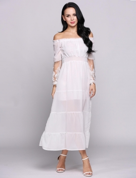 

Off The Shoulder Boho Style Bell Sleeve Maxi Lace Patchwork Casual Dress, Multicolor