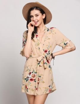 

Apricot Deep V-Neck Half Sleeves Printed Floral Rompers, Multicolor