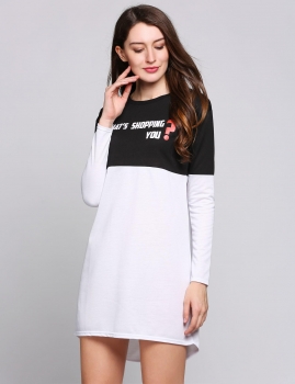 

Long Sleeve Round Collar Letter Print Patchwork Loose Casual Dress, Multicolor