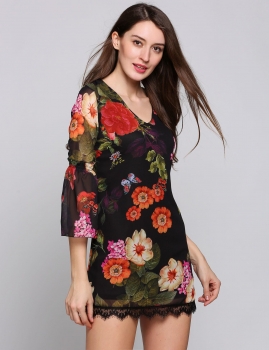 

3"4 Bell Sleeve Floral Lace Patchwork Pencil Dress, Multicolor